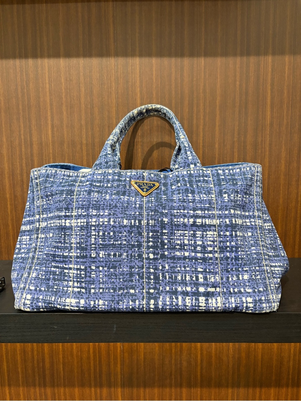 Authentic Prada Blue Printed Large Canvas Tote Bag Gold Hardwar